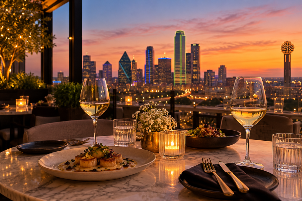 omantic rooftop date night in Dallas at sunset