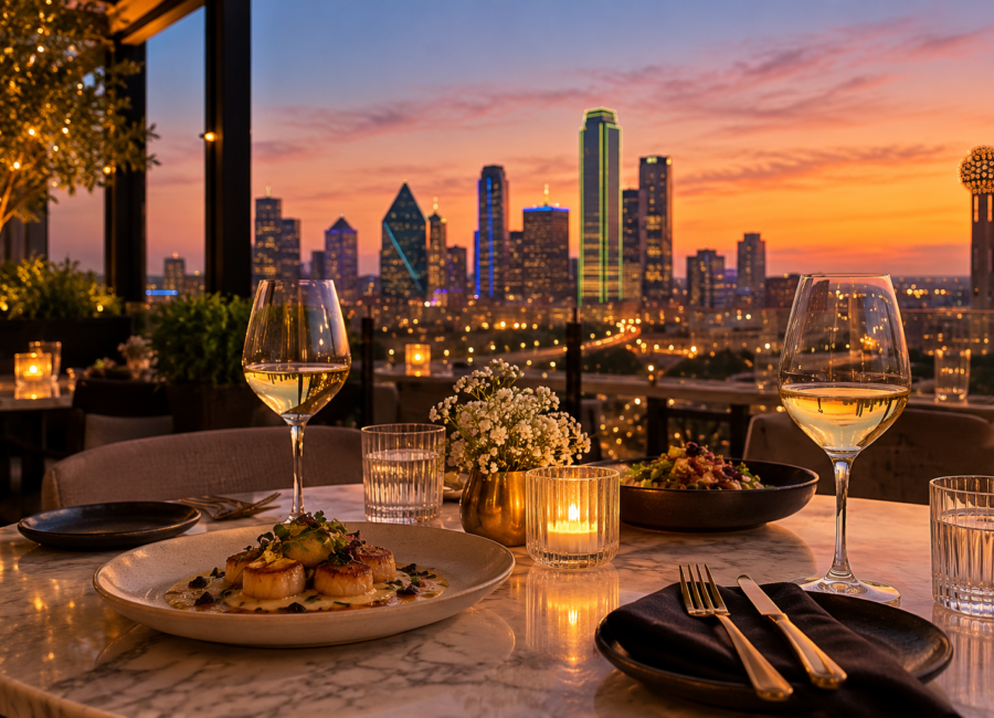 omantic rooftop date night in Dallas at sunset